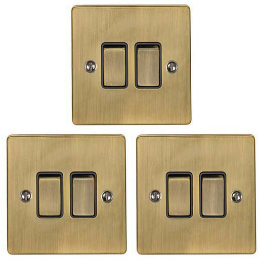 3 PACK 2 Gang Double Metal Light Switch ANTIQUE BRASS 2 Way 10A Black Trim Loops