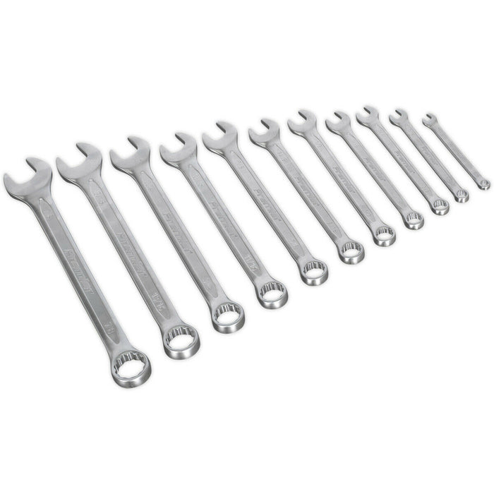 11pc Slim Handled Combination Spanner Set - 12 Point Imp Ring Open Head Wrench Loops