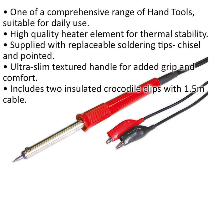 40W / 12V Low Voltage Soldering Iron - Ultra-Slim Grip & 1.5m DC Battery Clips Loops