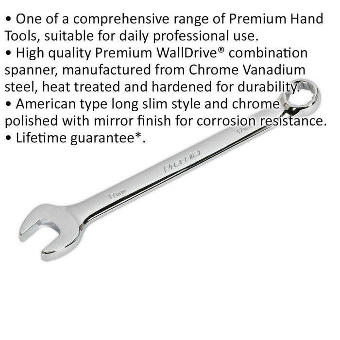 17mm Steel Combination Spanner - Long Slim Design Combo Wrench - Chrome Vanadium Loops