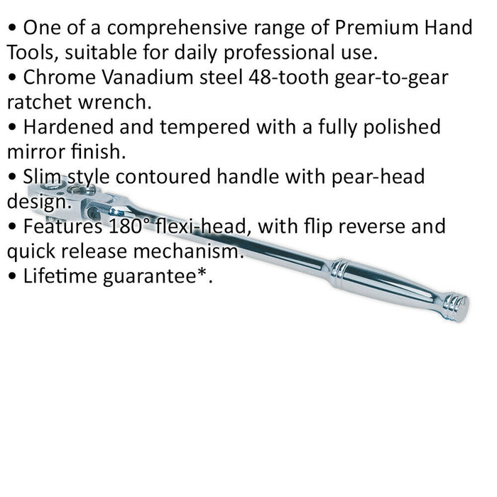 Long Reach 48-Tooth Flexi-Head Ratchet Wrench - 3/8 Inch Sq Drive - Flip Reverse Loops