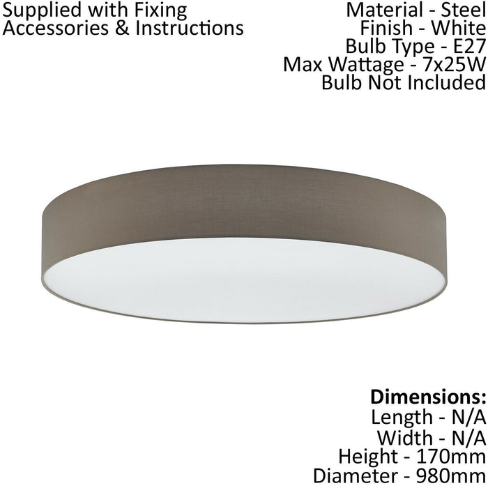 Flush Ceiling Light Colour White Shade Taupe White Fabric Bulb E27 7x25W Loops