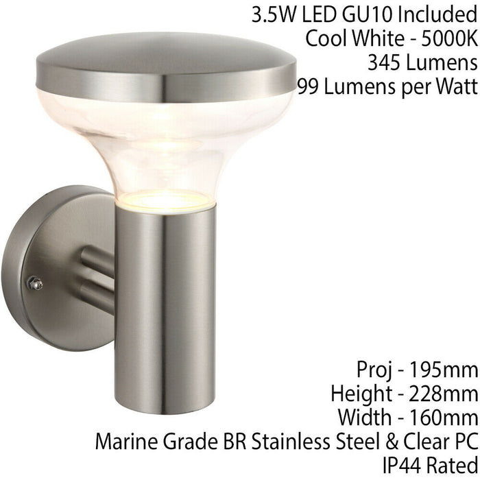 IP44 Outdoor Wall Light Marine Stainless Steel & Clear Shade 3.5W Cool White LED Loops