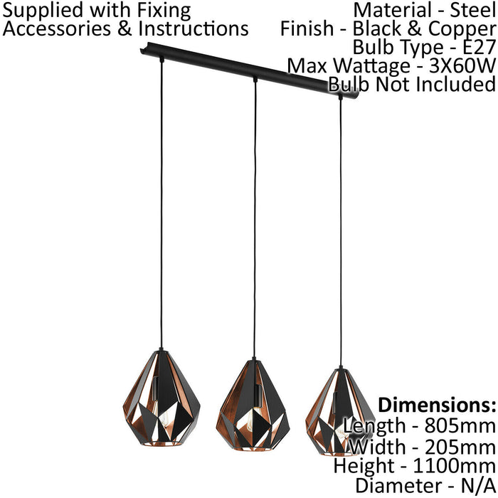 Hanging Ceiling Pendant Light Black Copper Geometric 3x 60W E27 Kitchen Island Loops