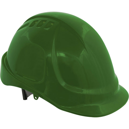 Vented Safety Helmet - Material Webbing Cradle - Accessories Available - Green Loops