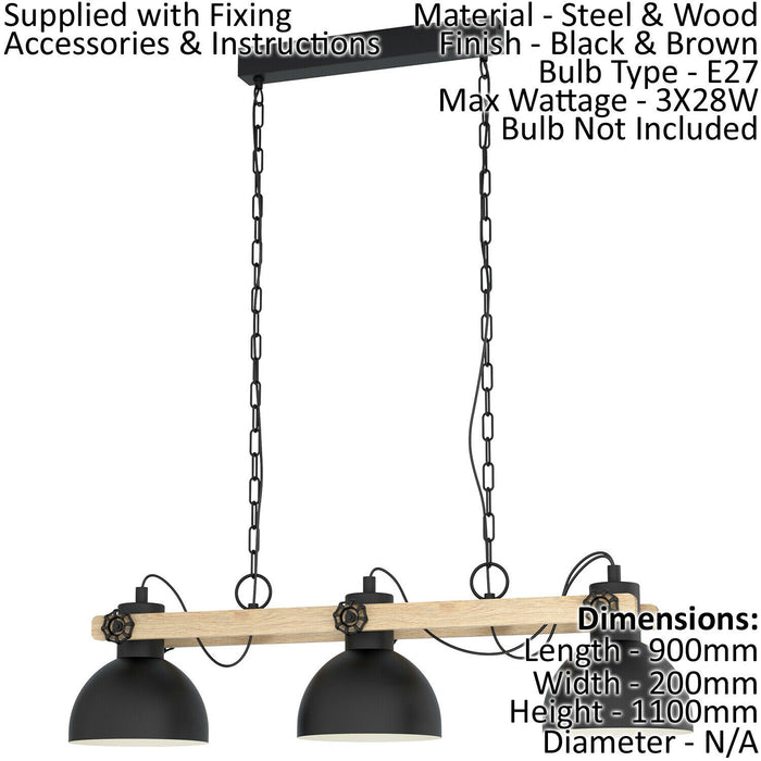 Hanging Ceiling Pendant Light Black & Wood Industrial Shade 3 Bulb Dining Lamp Loops