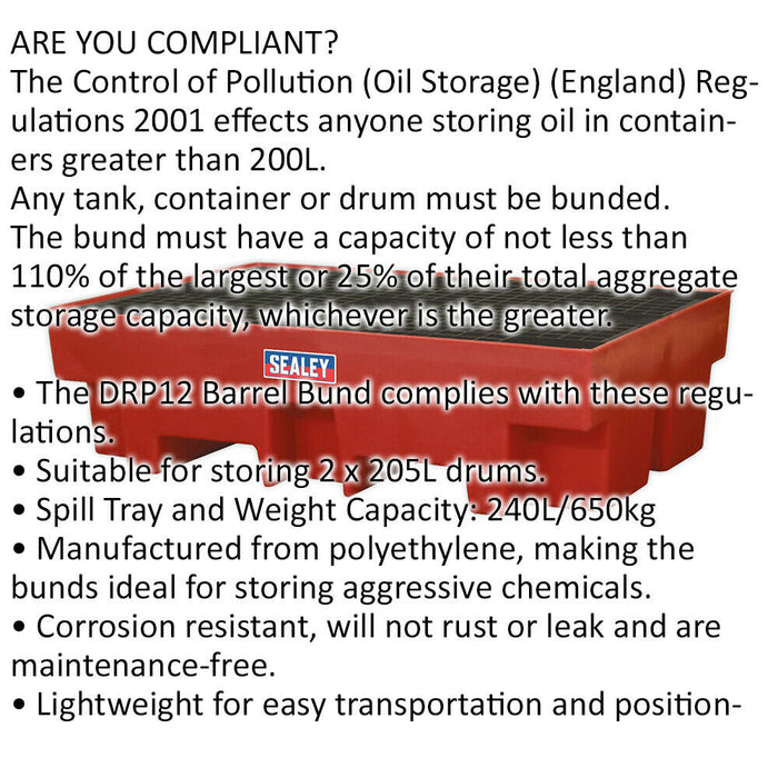 Polyethylene Barrel Bund - 1220 x 820 x 330mm - Holds 2 x 205L Drums - 240L Tray Loops