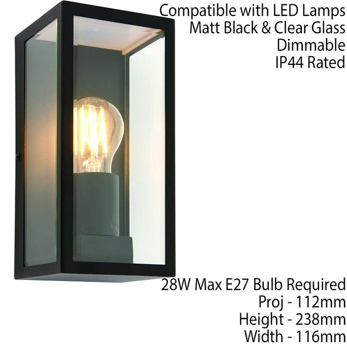 IP44 Outdoor Wall Light Matt Black & Glass Rectangle Box Lantern 28W E27 Edison Loops