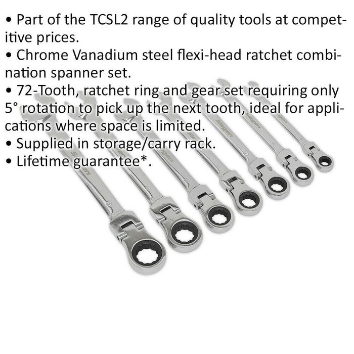 7pc FLEXIBLE HEAD Combination Ratchet Spanner Set 12 Point Moving Metric Socket Loops