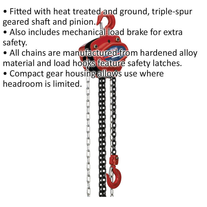 1 Tonne Chain Block - Hardened Alloy Chains - 2.5m Drop - Mechanical Load Brake Loops