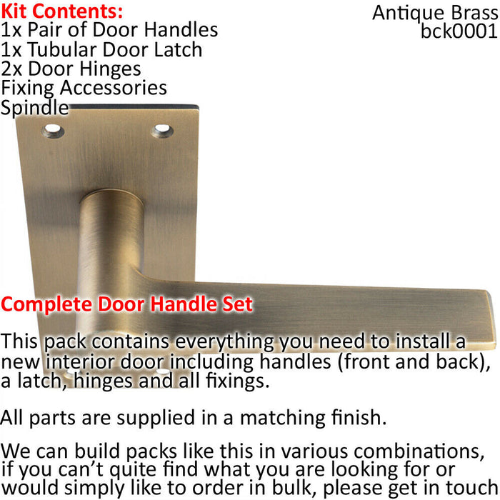 Door Handle & Latch Pack Antique Brass Straight Flat Lever Slim Backplate Loops