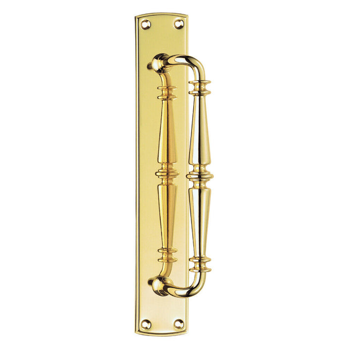 Cranked Ornate Door Pull Handle 380 x 65mm Backplate Polished Brass Loops