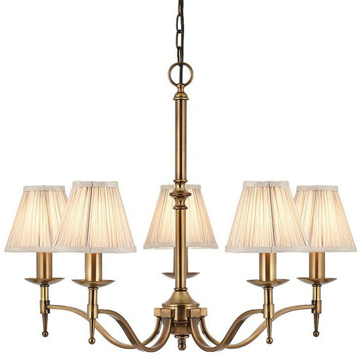 Avery Ceiling Pendant Chandelier Light 5 Lamp Antique Brass & Beige Pleat Shade Loops