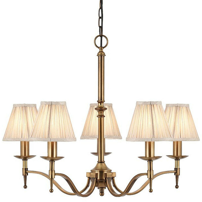 Avery Ceiling Pendant Chandelier Light 5 Lamp Antique Brass & Beige Pleat Shade Loops