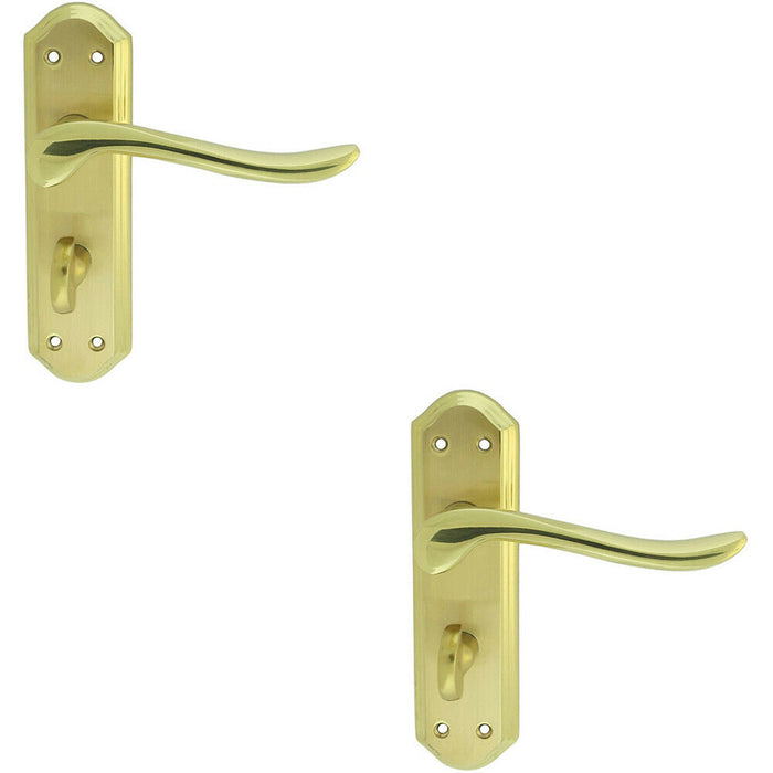 2x PAIR Curved Lever on Sculpted Bathroom Backplate 180 x 48mm Dual Brass Loops