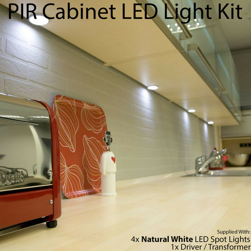 Auto On/Off LED Kit 4 In Under Cabinet Kitchen Light PIR Motion Sensor Detector Loops