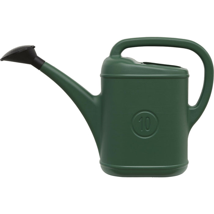 10 Litre Green Plastic Watering Can - Easy Carry Handle - Detachable Rose Spout Loops