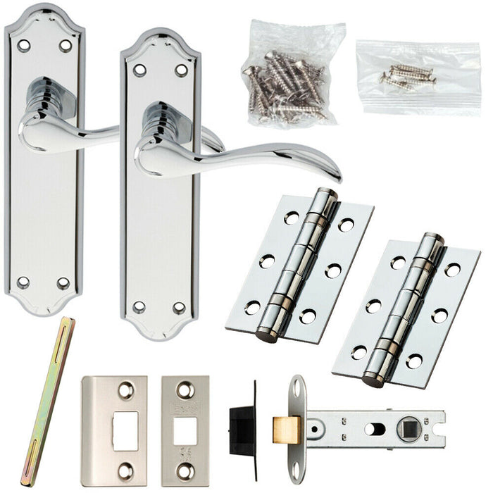 Door Handle & Latch Pack Chrome Victorian Scroll Lever on Backplate 180 x 45mm Loops