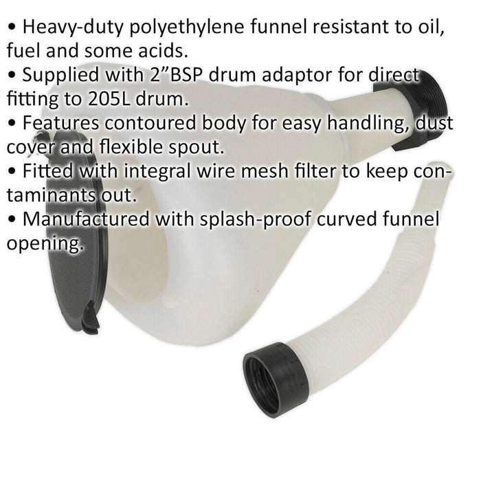 240mm Heavy Duty Funnel with Closing Lid - Removable Flexi Spout - Mesh Filter Loops