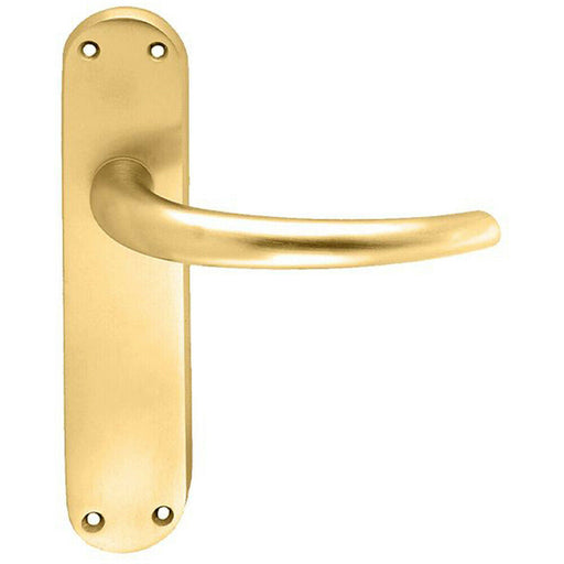 PAIR Slim Round Bar Handle on Shaped Latch Backplate 185 x 40mm Satin Brass Loops