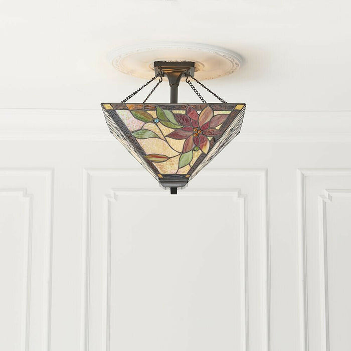 Tiffany Glass Semi Flush Ceiling Light Bronze Floral Inverted Lamp Shade i00160 Loops