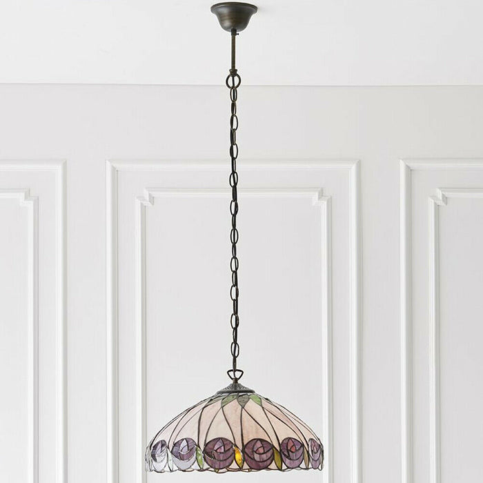 Tiffany Glass Hanging Ceiling Pendant Light Bronze & Round Rose Shade i00125 Loops