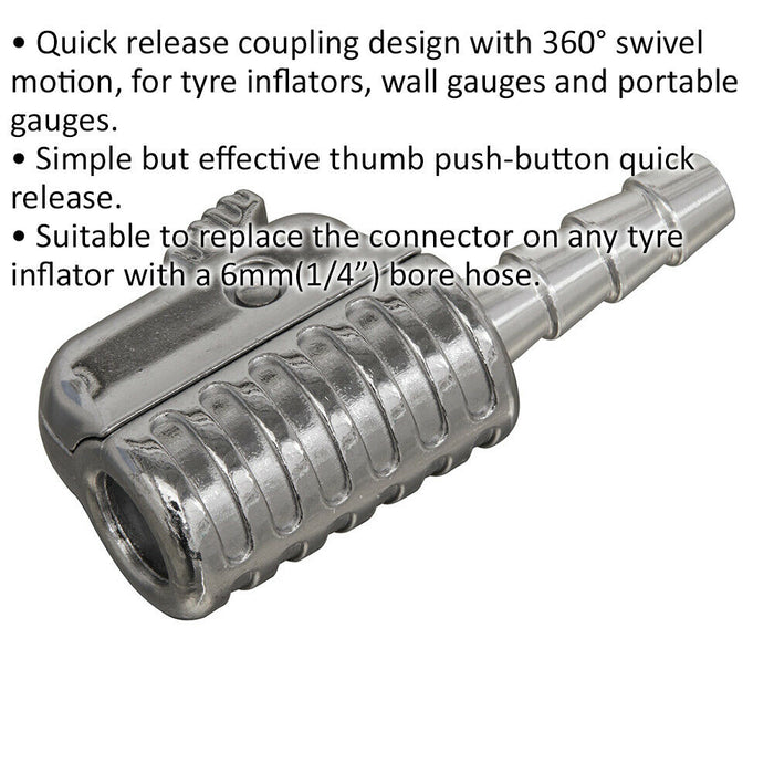 6mm Male Bore Straight Tyre Inflator Clip-on Connector 360 Swivel Head Adapter Loops