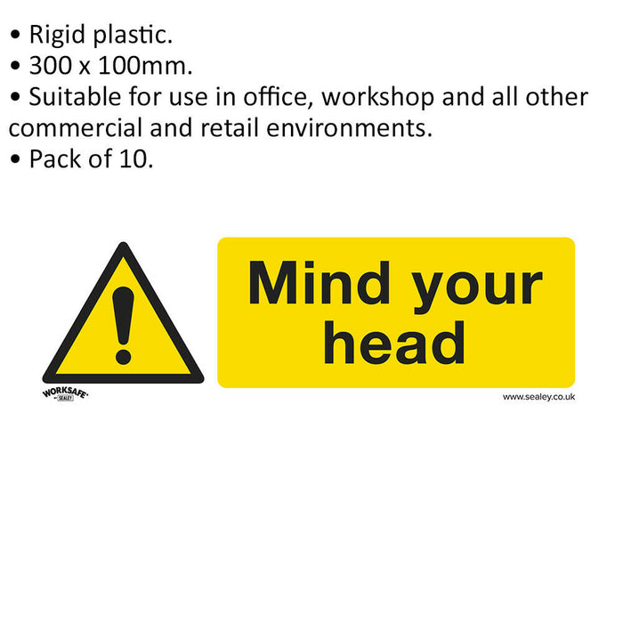 10x MIND YOUR HEAD Health & Safety Sign - Rigid Plastic 300 x 100mm Warning Loops