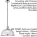 Hanging Ceiling Pendant Light Nickel & RIBBED GLASS Dome Bowl Lamp Shade Holder Loops