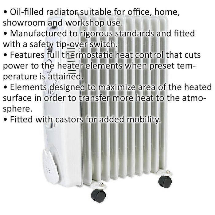 2500W 11 Element Oil-Filled Radiator - Thermostat Control - Castor Wheels - 230V Loops