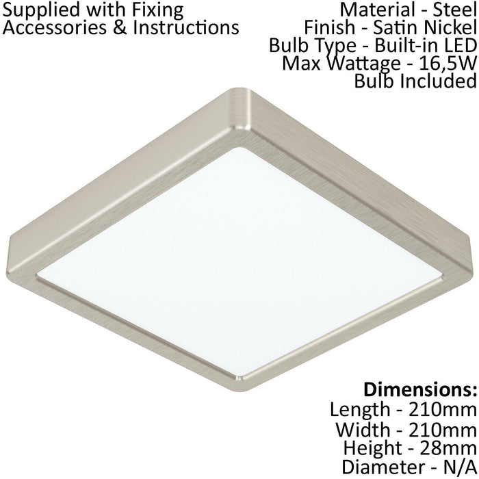 Wall / Ceiling Light Satin Nickel 210mm Square Surface Mounted 16.5W LED 3000K Loops