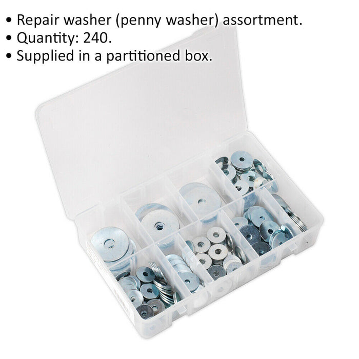 240 Piece Zinc Plated Repair Washer Assortment - M5 to M10 - Storage Box Loops