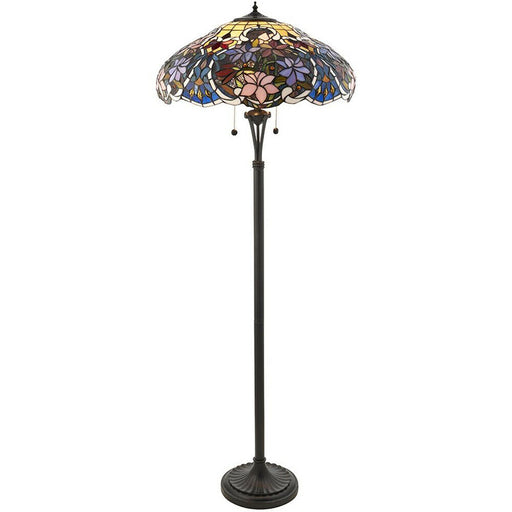 1.5m Tiffany Twin Floor Lamp Dark Bronze & Floral Stained Glass Shade i00027 Loops