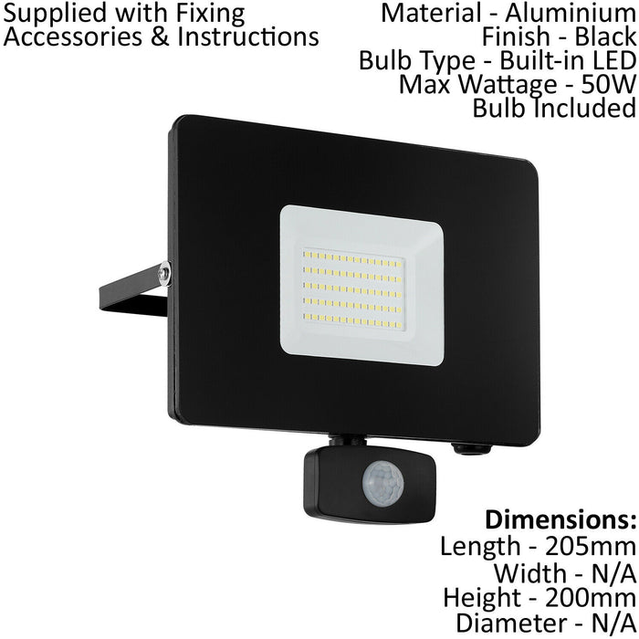 IP44 Outdoor Flood Light & PIR Sensor Black Aluminium 50W Built in LED Loops