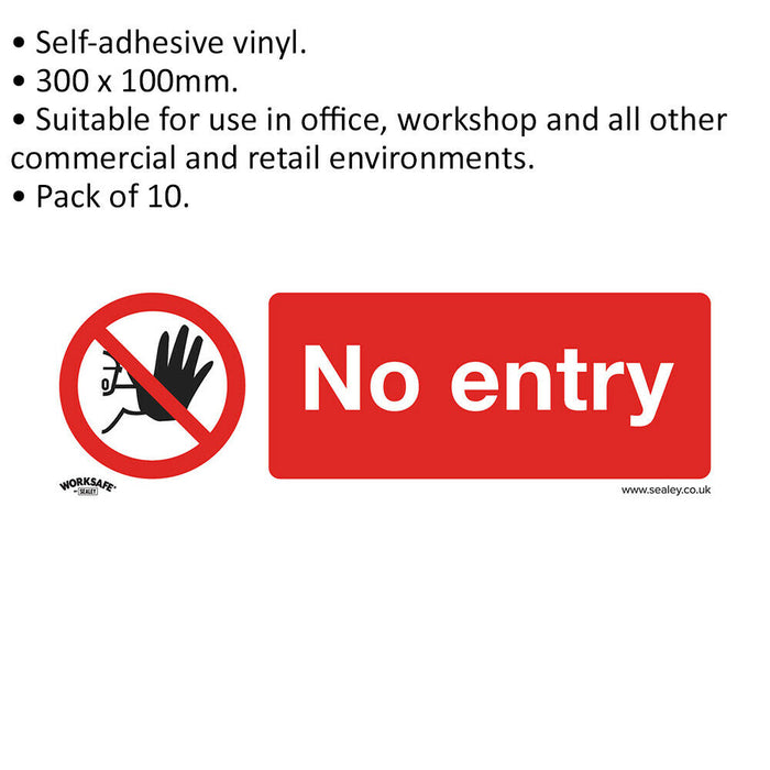 10x NO ENTRY Health & Safety Sign - Self Adhesive 300 x 100mm Warning Sticker Loops