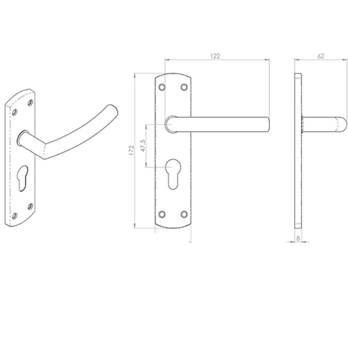 Curved Bar Lever Door Handle on Euro Lock Backplate 172 x 44mm Satin Steel Loops