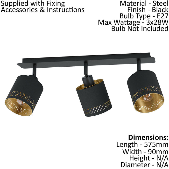 Flush Ceiling Light Colour Black Shade Black Gold Fabric Bulb E27 3x28W Loops