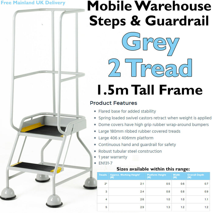 2 Tread Mobile Warehouse Steps & Guardrail GREY 1.5m Portable Safety Stairs Loops
