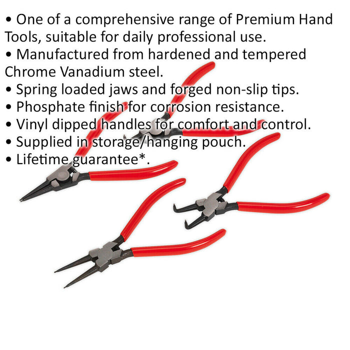 4 Piece 180mm Circlip Pliers Set - Hardened - Spring Loaded Jaws - Non Slip Tips Loops