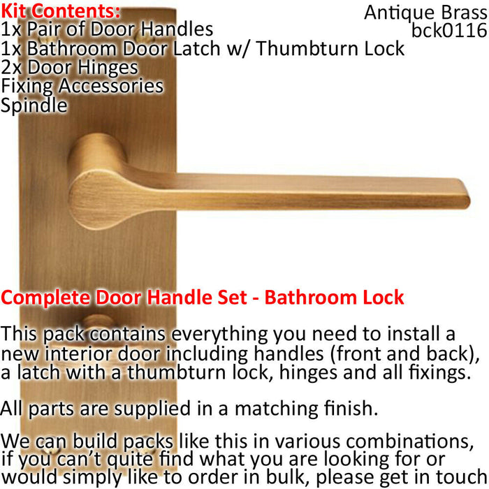 Door Handle & Bathroom Lock Pack Antique Brass Flat Lever Thumb Turn Backplate Loops