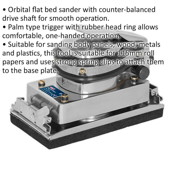 165 x 90mm Flat Bed Orbital AIR Palm Sander - 1/4" BSP - 115mm Sheets Wood Metal Loops