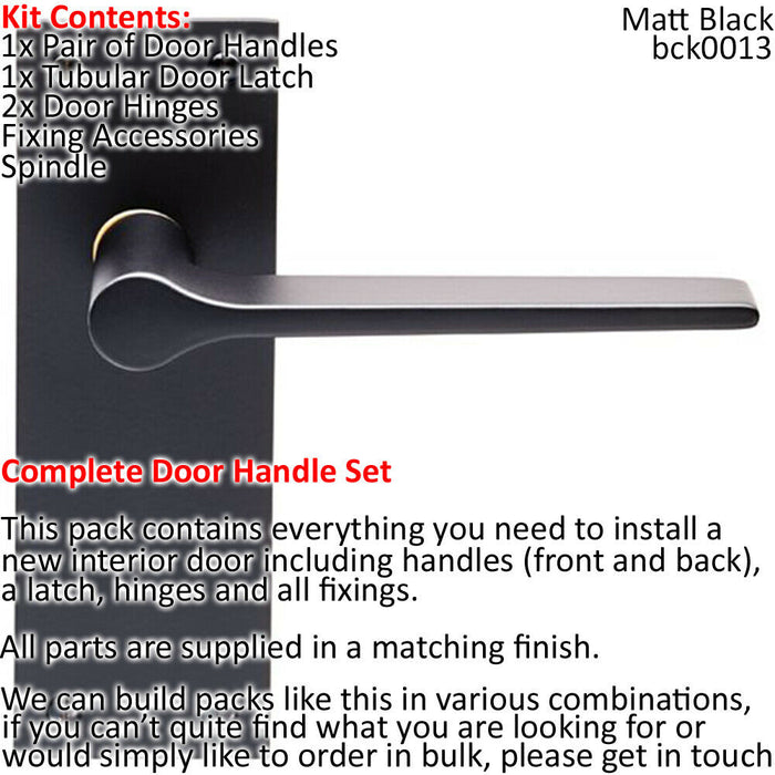 Door Handle & Latch Pack Matt Black Rounded Flat Bar Lever Slim Backplate Loops