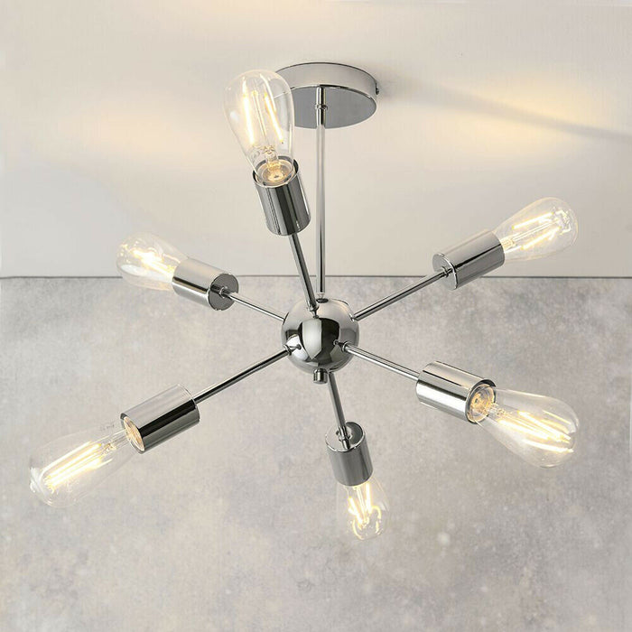 Semi Flush Ceiling Lamp Polished Chrome 6x Bulb Multi Light Modern Burst Rod Bar Loops