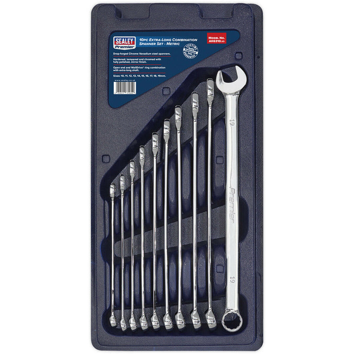 10pc Extra Long Combination Hand Spanner Set - 10 to 19mm Metric 12 Point Socket Loops