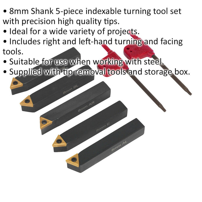 5 Piece Indexable 8mm Lathe Turning Tool Set - Precision Tips - Storage Box Loops