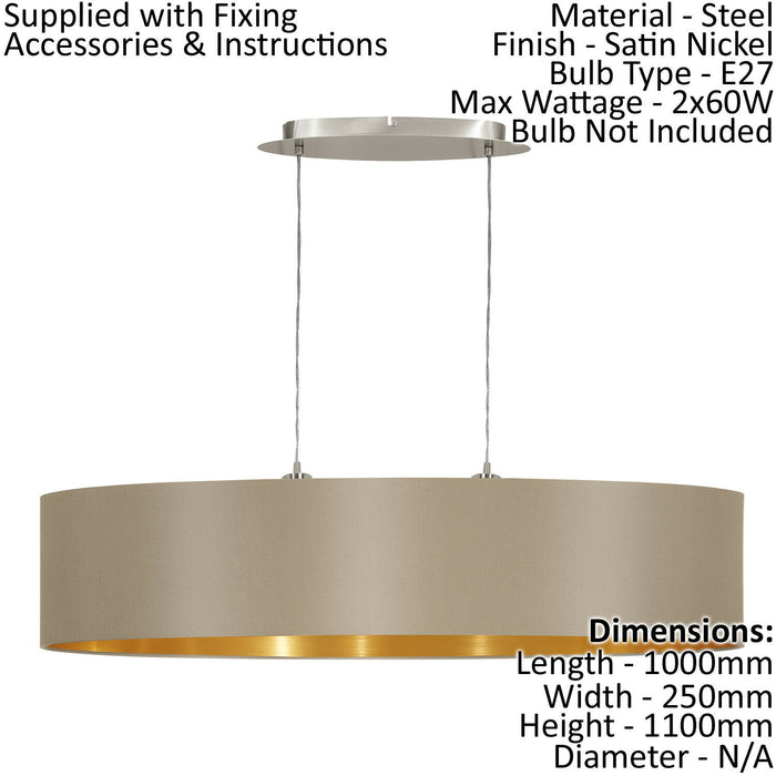 Pendant Light Colour Satin Nickel Shade Taupe Gold Fabric Bulb E27 2x60W Loops