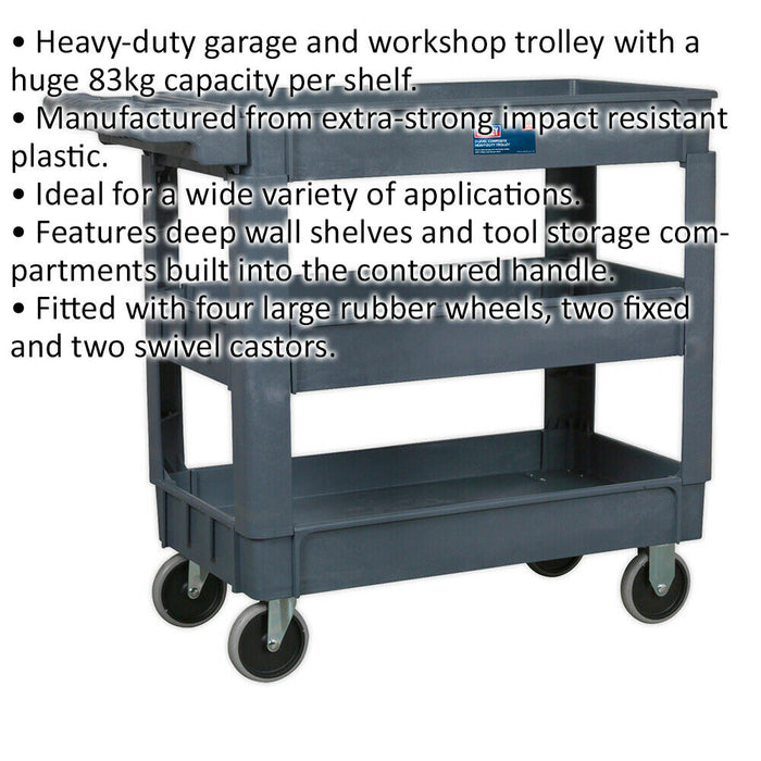Heavy Duty 3 Level Composite Workshop Trolley - 83kg Per Shelf - Deep Wall Loops