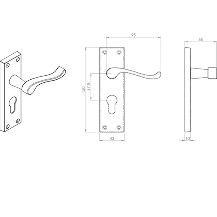 4x PAIR Victorian Scroll Handle on Euro Lock Backplate 150 x 43mm Satin Chrome Loops