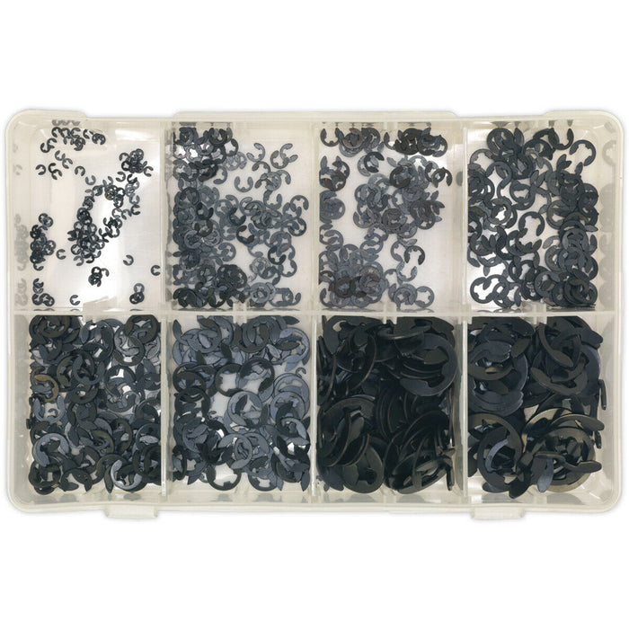 800 Piece E-Clip Retainer Assortment - Metric Sizing - Partitioned Storage Box Loops