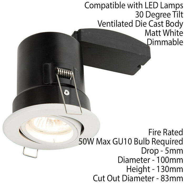 FIRE RATED GU10 Lamp Ceiling Down Light White PUSH FIT FAST FIX Adjustable Tilt Loops